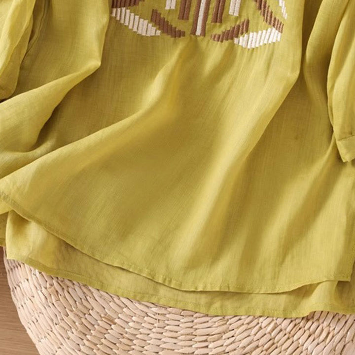 Koszulka damska z okrągłym dekoltem i krótkim rękawem z elastycznej tkaniny Buddha Stones Casual Symmetrical Embroidery