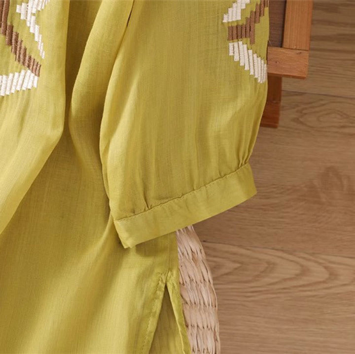 Koszulka damska z okrągłym dekoltem i krótkim rękawem z elastycznej tkaniny Buddha Stones Casual Symmetrical Embroidery