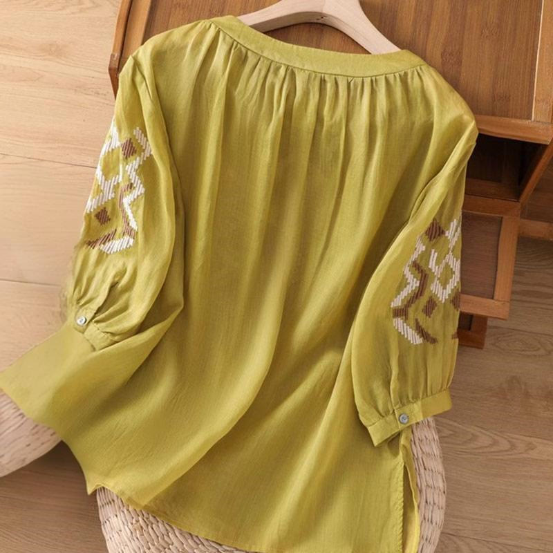 Koszulka damska z okrągłym dekoltem i krótkim rękawem z elastycznej tkaniny Buddha Stones Casual Symmetrical Embroidery - image 25