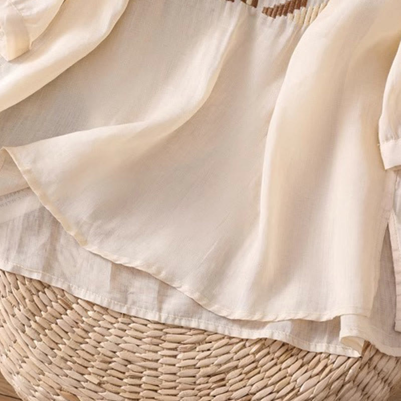 Koszulka damska z okrągłym dekoltem i krótkim rękawem z elastycznej tkaniny Buddha Stones Casual Symmetrical Embroidery