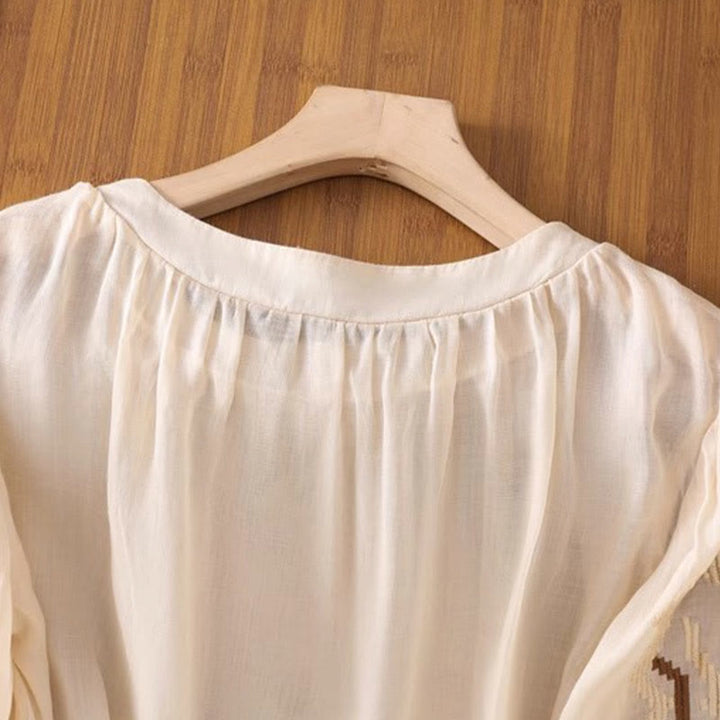 Koszulka damska z okrągłym dekoltem i krótkim rękawem z elastycznej tkaniny Buddha Stones Casual Symmetrical Embroidery