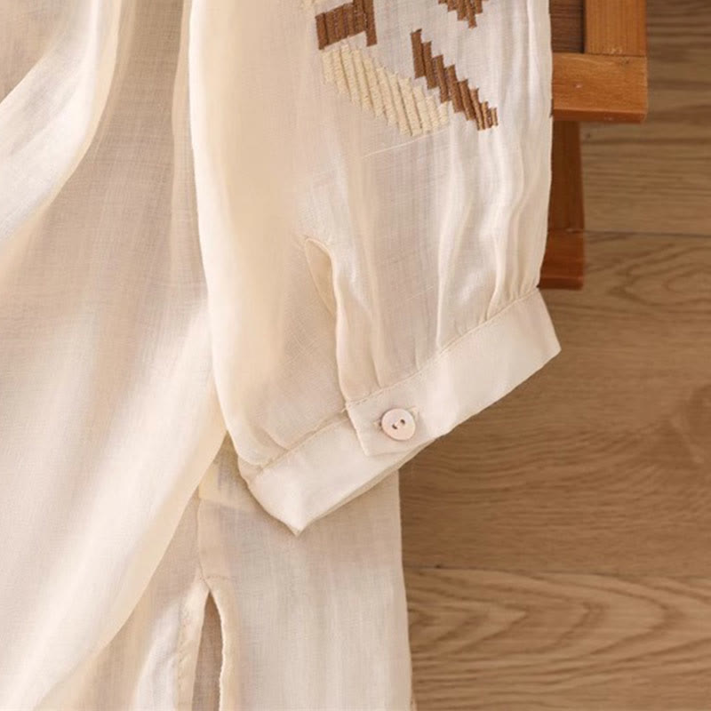 Koszulka damska z okrągłym dekoltem i krótkim rękawem z elastycznej tkaniny Buddha Stones Casual Symmetrical Embroidery