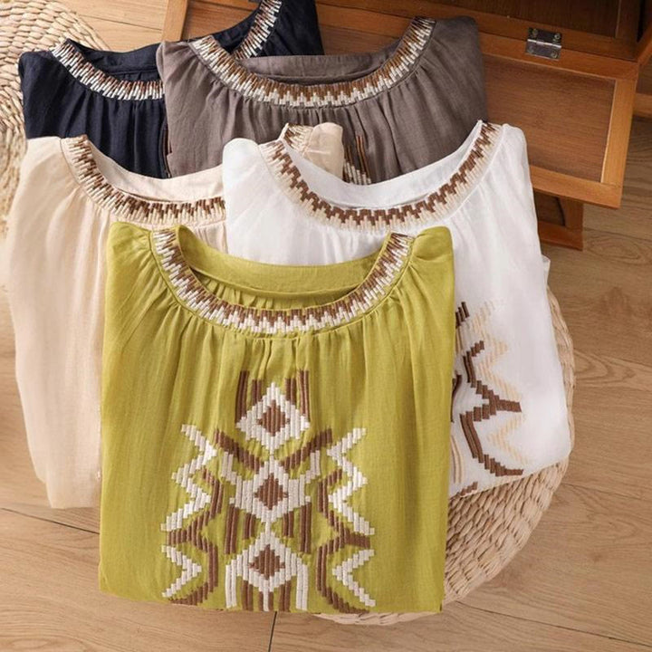 Koszulka damska z okrągłym dekoltem i krótkim rękawem z elastycznej tkaniny Buddha Stones Casual Symmetrical Embroidery