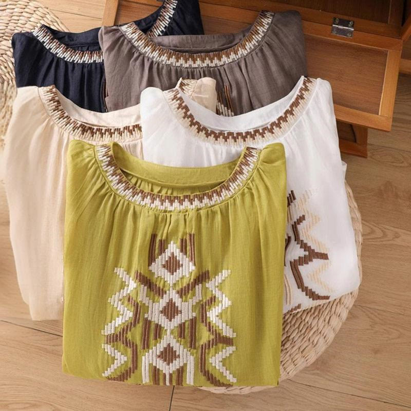 Koszulka damska z okrągłym dekoltem i krótkim rękawem z elastycznej tkaniny Buddha Stones Casual Symmetrical Embroidery - image 42