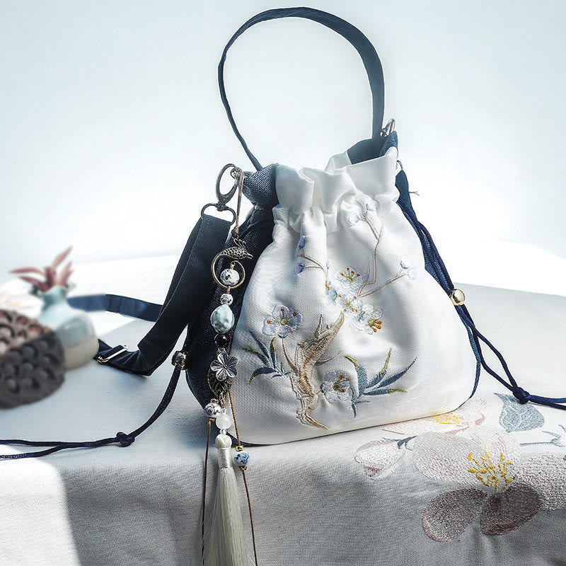 Buddha Stones haftowane magnolia śliwkowy kwiat bawełniany len torba typu crossbody torba na ramię torebka