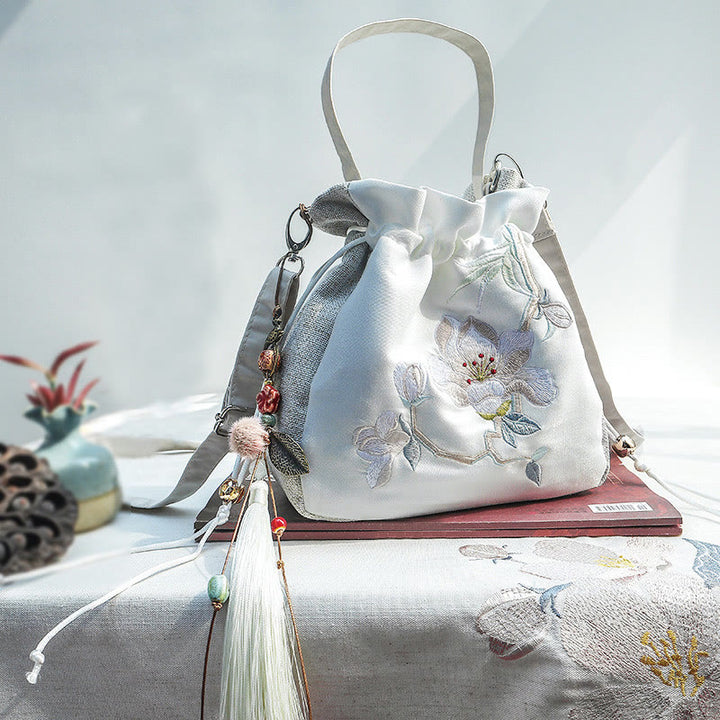 Buddha Stones haftowane magnolia śliwkowy kwiat bawełniany len torba typu crossbody torba na ramię torebka