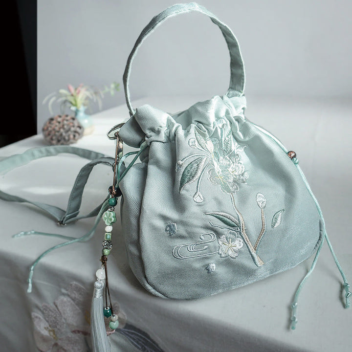 Buddha Stones haftowane zielone kwiaty liście płócienna torba typu crossbody torba na ramię torebka