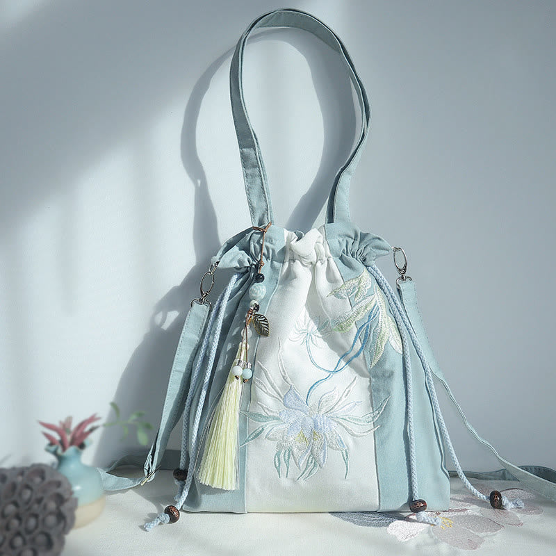 Buddha Stones haftowane zielone gruszki niebieskie epifyllum płócienna torba typu crossbody torba na ramię torebka