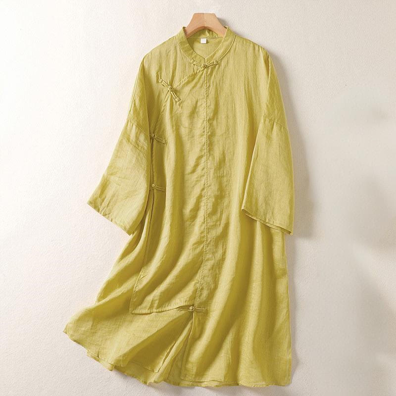 Sukienka midi damska z długim rękawem, bawełny i lnu, z Buddha Stones, prosta, z żabą i guzikami - Khaki - US8-10，UK/AU12-14，EU40-42 (2XL) - image 1