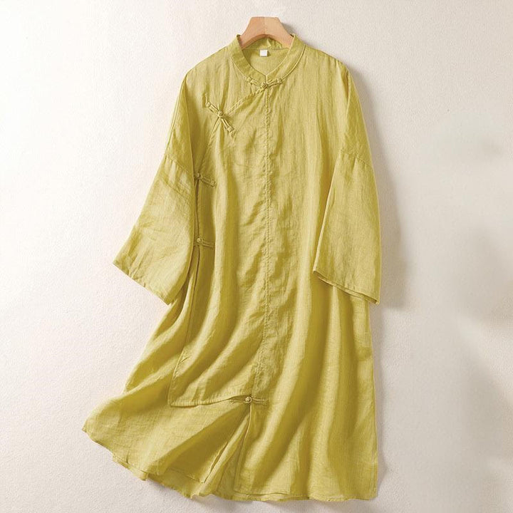 Sukienka midi damska z długim rękawem, bawełny i lnu, z Buddha Stones, prosta, z żabą i guzikami - Khaki - US8-10，UK/AU12-14，EU40-42 (2XL) - image 1