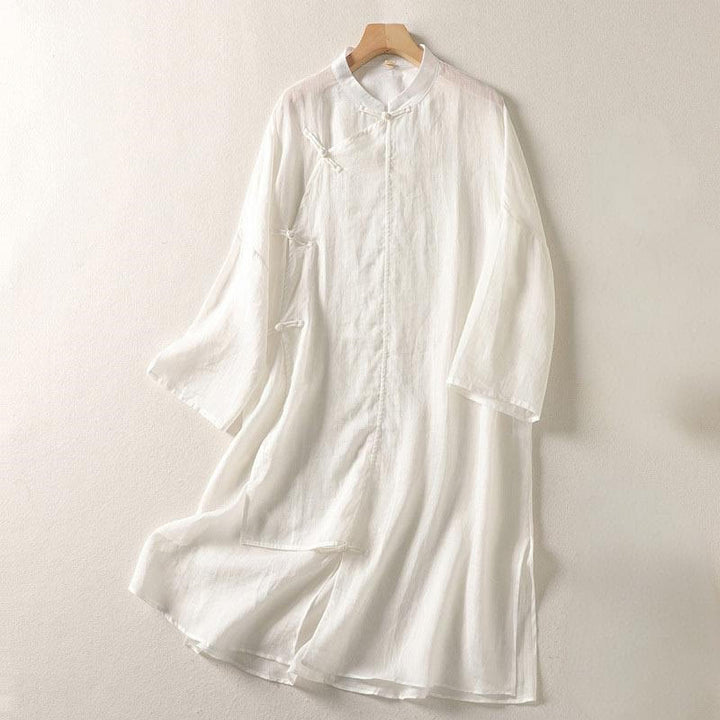 Sukienka midi damska z długim rękawem, bawełny i lnu, z Buddha Stones, prosta, z żabą i guzikami - FloralWhite - US8-10，UK/AU12-14，EU40-42 (2XL) - image 6