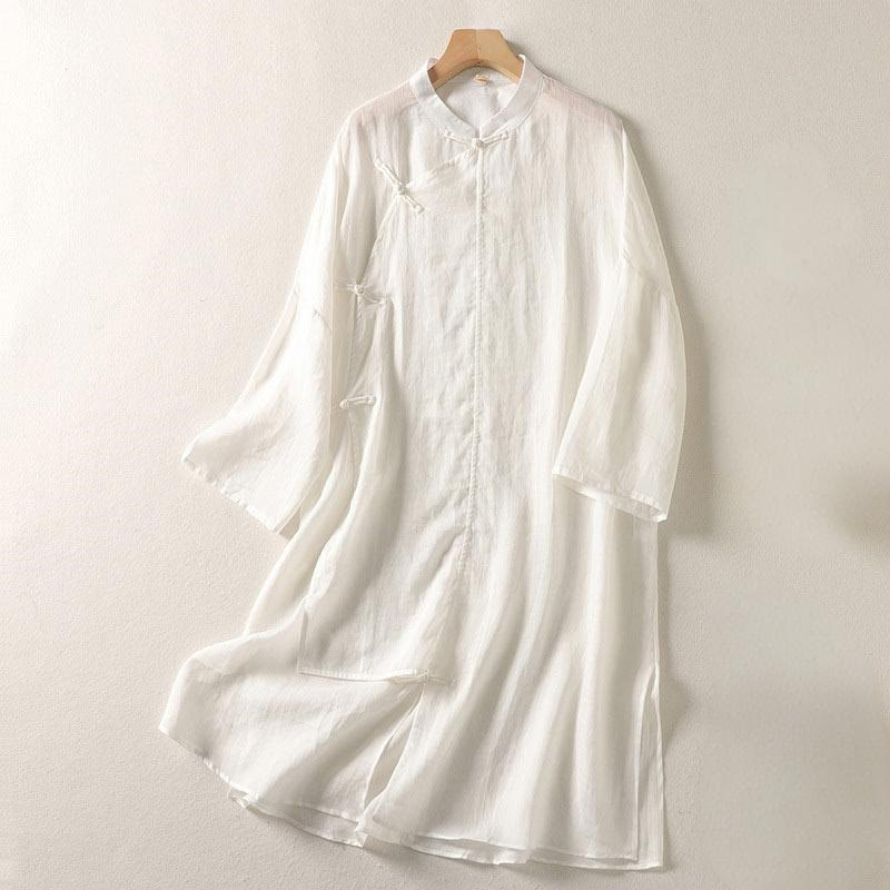 Sukienka midi damska z długim rękawem, bawełny i lnu, z Buddha Stones, prosta, z żabą i guzikami - FloralWhite - US8-10，UK/AU12-14，EU40-42 (2XL) - image 7