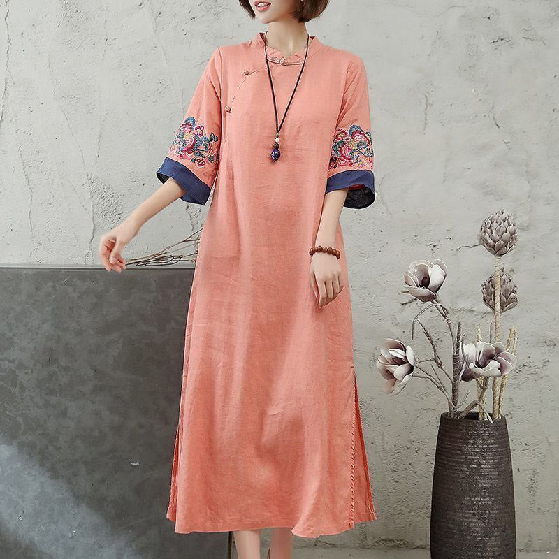 Sukienka midi damska z bawełny i lnu z haftowanymi Buddha Stones i żabą, z krótkim rękawem i guzikami - LightSalmon - US14, UK/AU18, EU46 (4XL) - image 1