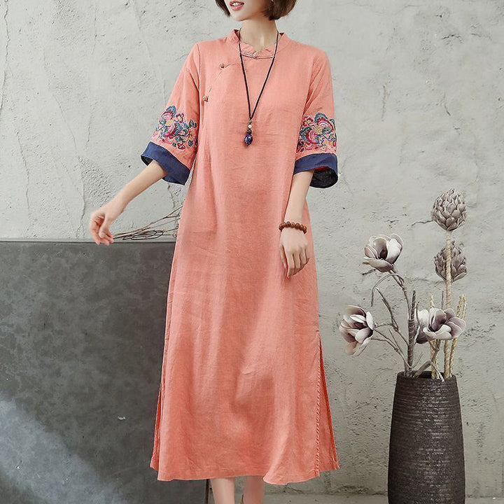 Sukienka midi damska z bawełny i lnu z haftowanymi Buddha Stones i żabą, z krótkim rękawem i guzikami - LightSalmon - US14, UK/AU18, EU46 (4XL) - image 1