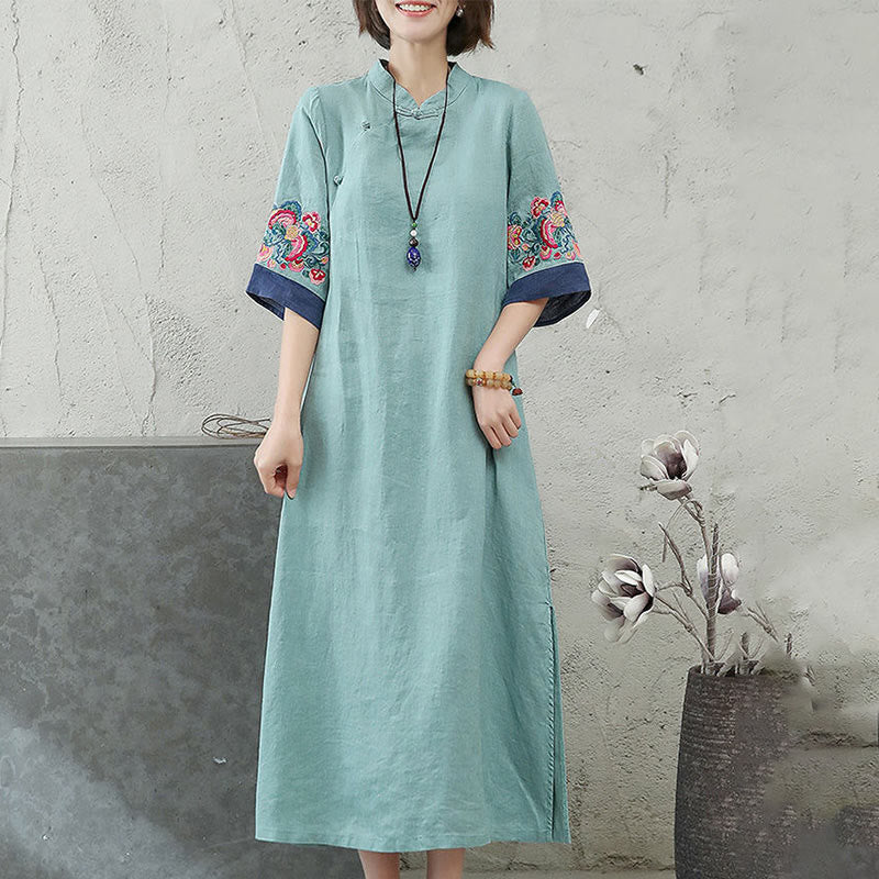 Sukienka midi damska z haftowanymi Buddha Stones i żabą, zapinana na guziki, z krótkim rękawem - image 7