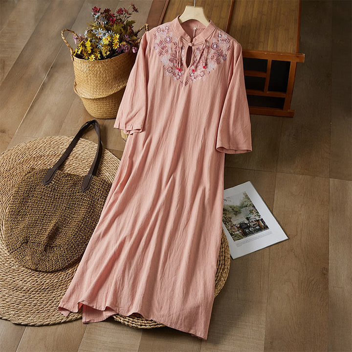 Sukienka midi damska z długim rękawem, haftem w stylu vintage z Buddha Stones, guzikami i żabą, z wysokim stanem i bawełną i lnem - DarkSalmon - US16, UK/AU20, EU48 (5XL) - image 12