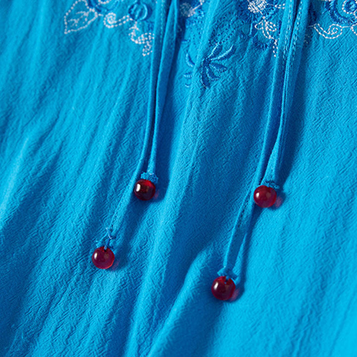 Sukienka midi damska z długim rękawem, haftem w stylu vintage z Buddha Stones, guzikami i żabą, z wysokim stanem i bawełną i lnem - image 21