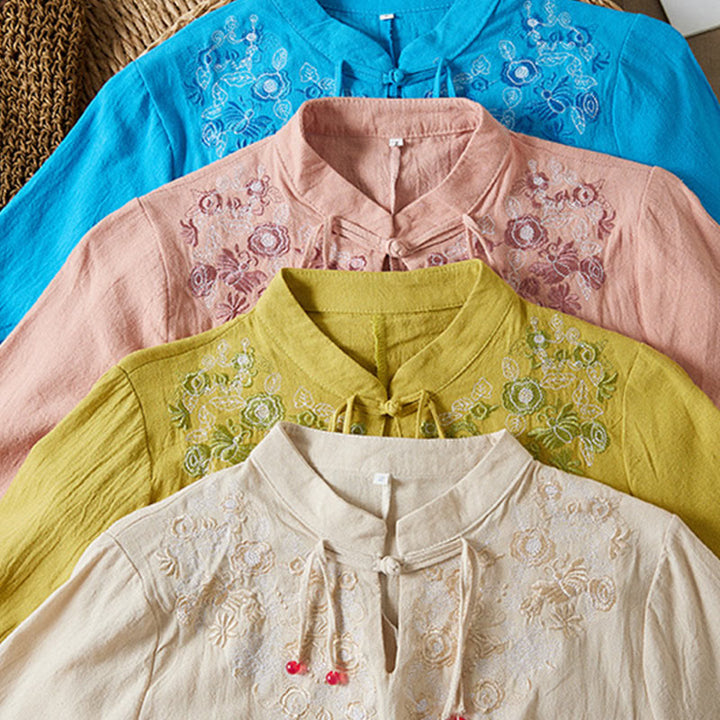 Sukienka midi damska z długim rękawem, haftem w stylu vintage z Buddha Stones, guzikami i żabą, z wysokim stanem i bawełną i lnem - image 25