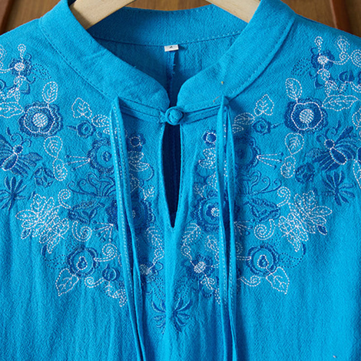 Sukienka midi damska z długim rękawem, haftem w stylu vintage z Buddha Stones, guzikami i żabą, z wysokim stanem i bawełną i lnem - image 20