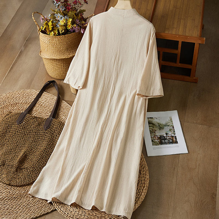 Sukienka midi damska z długim rękawem, haftem w stylu vintage z Buddha Stones, guzikami i żabą, z wysokim stanem i bawełną i lnem - image 7