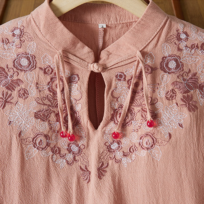 Sukienka midi damska z długim rękawem, haftem w stylu vintage z Buddha Stones, guzikami i żabą, z wysokim stanem i bawełną i lnem - image 14