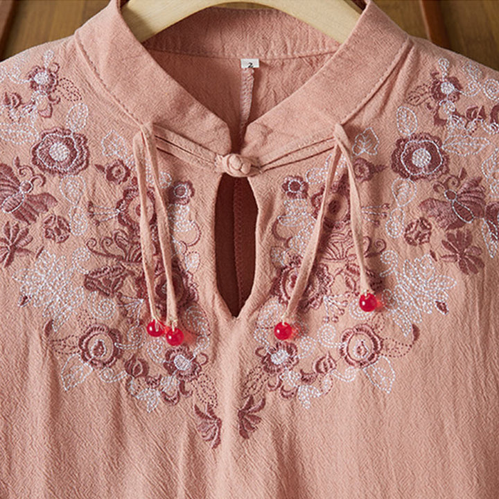 Sukienka midi damska z długim rękawem, haftem w stylu vintage z Buddha Stones, guzikami i żabą, z wysokim stanem i bawełną i lnem - image 14