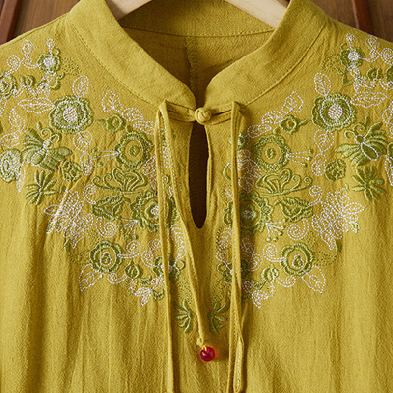 Sukienka midi damska z długim rękawem, haftem w stylu vintage z Buddha Stones, guzikami i żabą, z wysokim stanem i bawełną i lnem - image 2