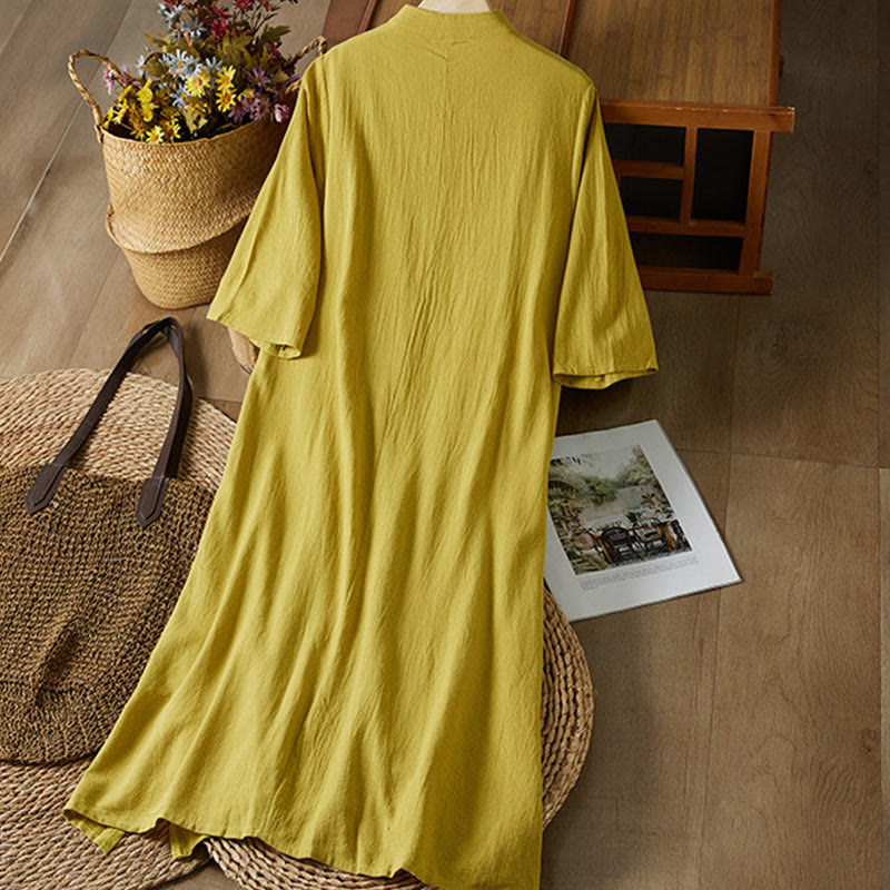 Sukienka midi damska z długim rękawem, haftem w stylu vintage z Buddha Stones, guzikami i żabą, z wysokim stanem i bawełną i lnem - image 1