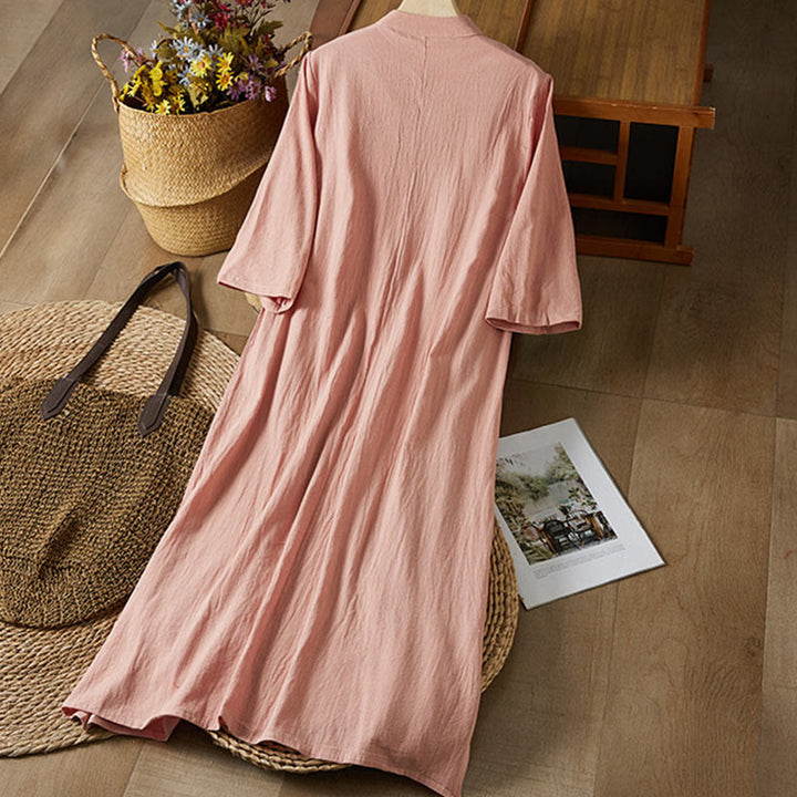 Sukienka midi damska z długim rękawem, haftem w stylu vintage z Buddha Stones, guzikami i żabą, z wysokim stanem i bawełną i lnem - image 13