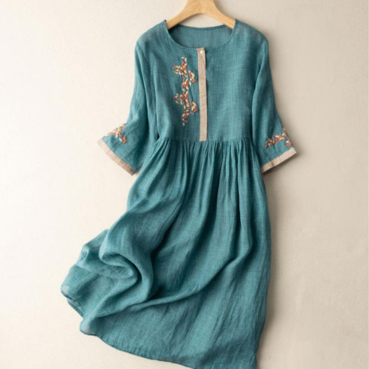 Sukienka midi damska z bawełny i lnu z krótkim rękawem i haftem etnicznym "Buddha Stones" - Cyraneczka - US8-10，UK/AU12-14，EU40-42 (2XL) - image 7
