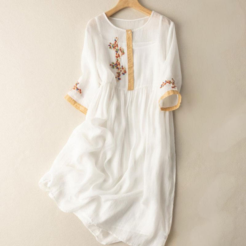 Sukienka midi damska z bawełny i lnu z krótkim rękawem i haftem etnicznym "Buddha Stones" - Biały - US8-10，UK/AU12-14，EU40-42 (2XL) - image 1