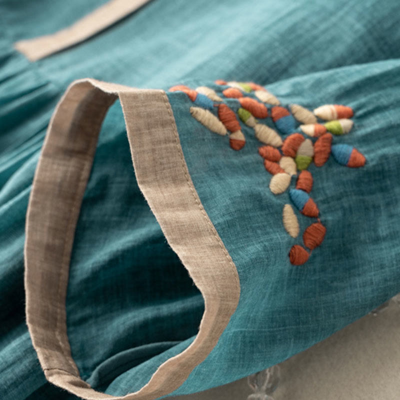 Sukienka midi damska z bawełny i lnu z krótkim rękawem i haftem etnicznym "Buddha Stones" - image 7