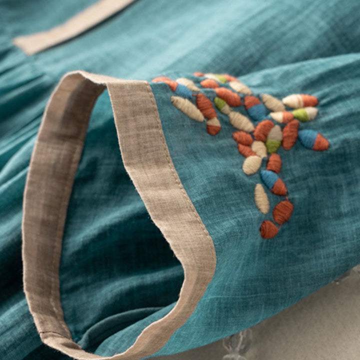 Sukienka midi damska z bawełny i lnu z krótkim rękawem i haftem etnicznym "Buddha Stones" - image 7