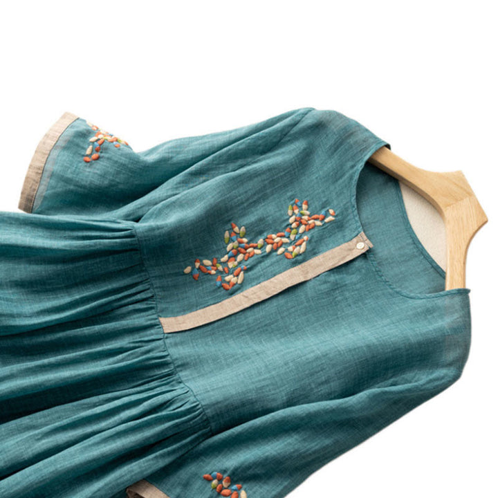 Sukienka midi damska z bawełny i lnu z krótkim rękawem i haftem etnicznym "Buddha Stones" - image 9