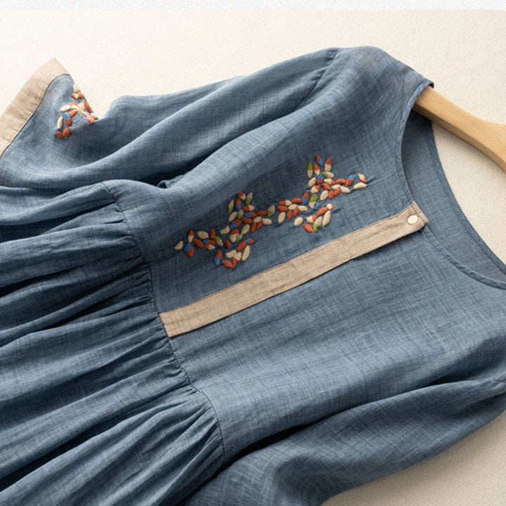 Sukienka midi damska z bawełny i lnu z krótkim rękawem i haftem etnicznym "Buddha Stones" - image 11