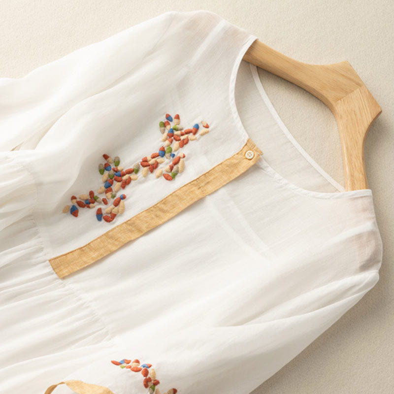 Sukienka midi damska z bawełny i lnu z krótkim rękawem i haftem etnicznym "Buddha Stones" - image 1