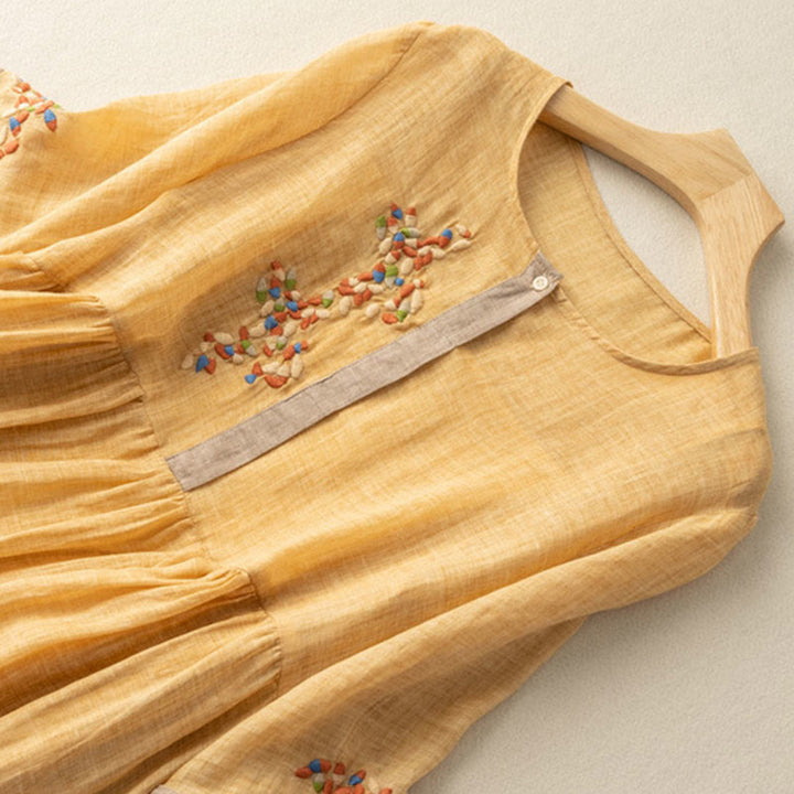 Sukienka midi damska z bawełny i lnu z krótkim rękawem i haftem etnicznym "Buddha Stones" - image 3