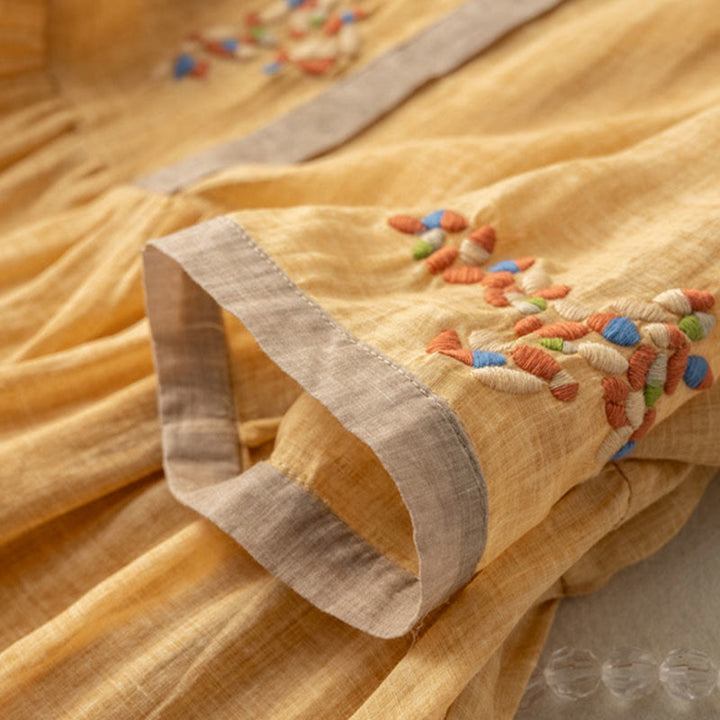 Sukienka midi damska z bawełny i lnu z krótkim rękawem i haftem etnicznym "Buddha Stones" - image 4