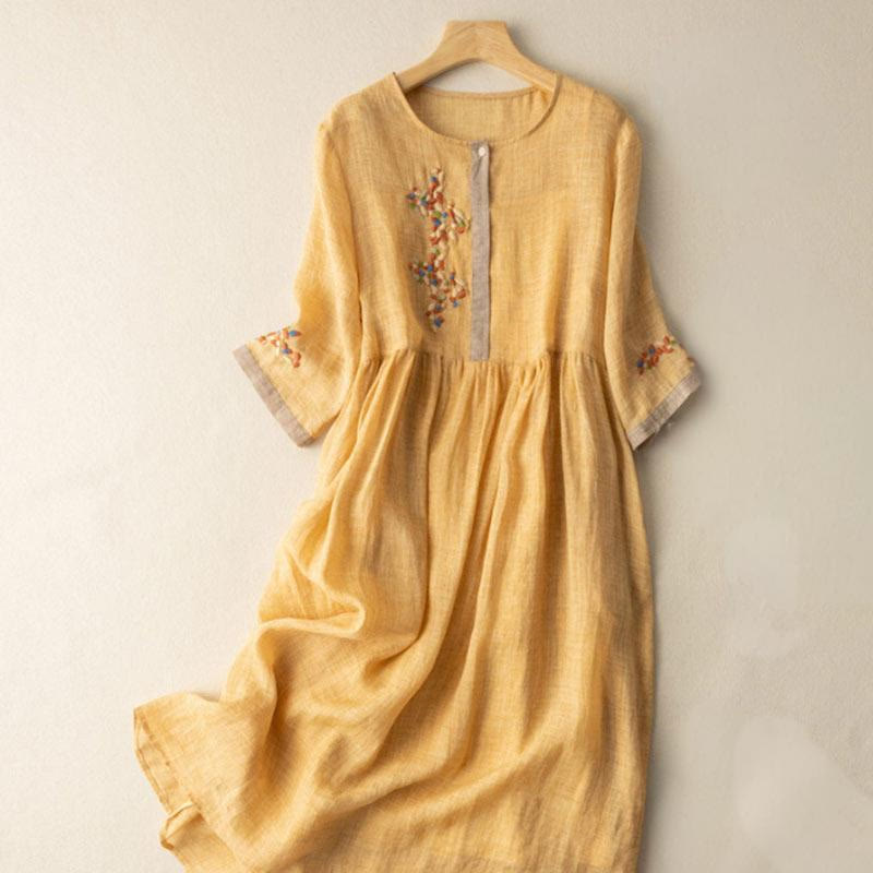 Sukienka midi damska z bawełny i lnu z krótkim rękawem i haftem etnicznym "Buddha Stones" - Złoto - US8-10，UK/AU12-14，EU40-42 (2XL) - image 3