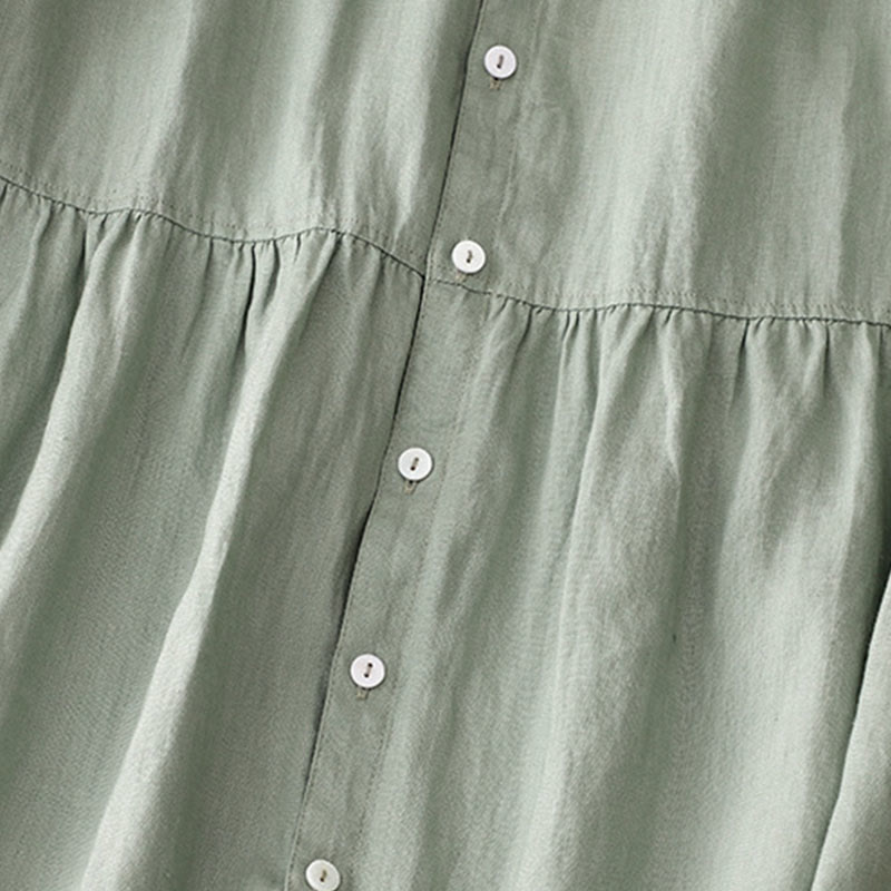 Sukienka midi damska z bawełny i lnu "Buddha Stones" z prostym, prostym zapięciem na guziki, falbaną przy dekolcie i krótkim rękawem - image 5