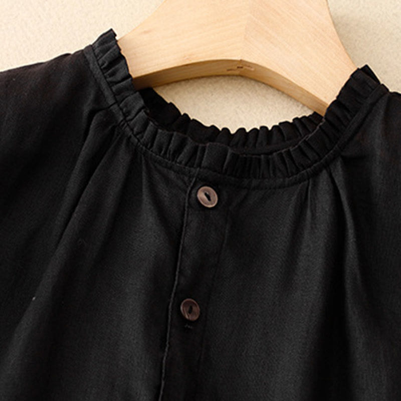 Sukienka midi damska z bawełny i lnu "Buddha Stones" z prostym, prostym zapięciem na guziki, falbaną przy dekolcie i krótkim rękawem - image 11