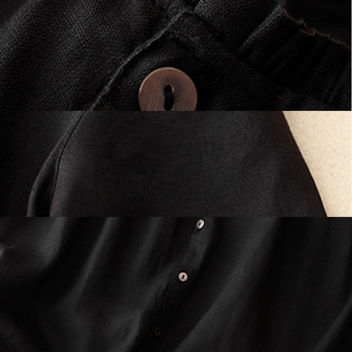 Sukienka midi damska z bawełny i lnu "Buddha Stones" z prostym, prostym zapięciem na guziki, falbaną przy dekolcie i krótkim rękawem - image 12