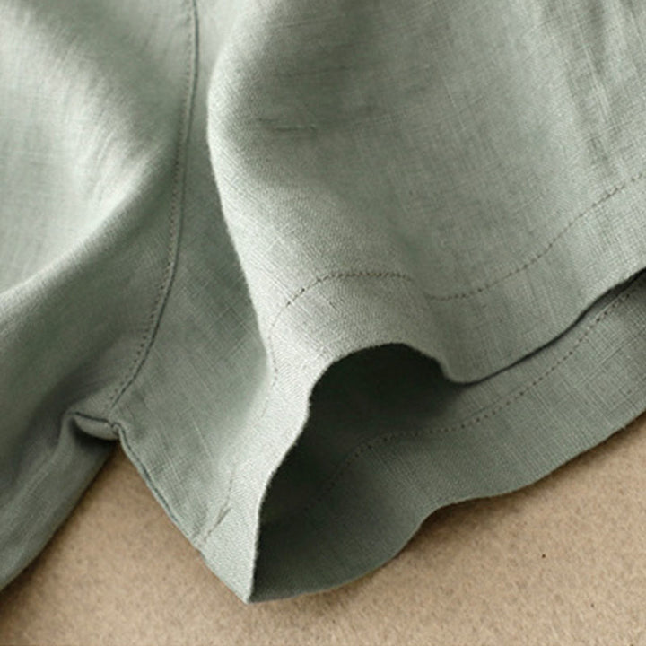 Sukienka midi damska z bawełny i lnu "Buddha Stones" z prostym, prostym zapięciem na guziki, falbaną przy dekolcie i krótkim rękawem - image 6