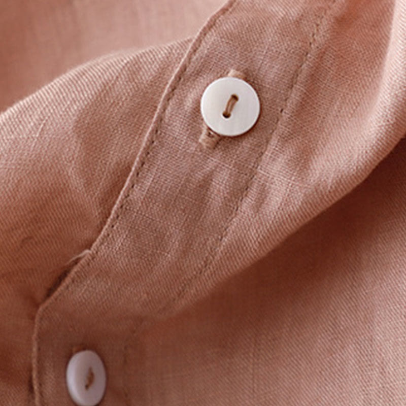 Sukienka midi damska z bawełny i lnu "Buddha Stones" z prostym, prostym zapięciem na guziki, falbaną przy dekolcie i krótkim rękawem - image 16