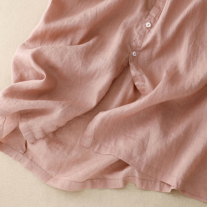 Sukienka midi damska z bawełny i lnu "Buddha Stones" z prostym, prostym zapięciem na guziki, falbaną przy dekolcie i krótkim rękawem - image 17