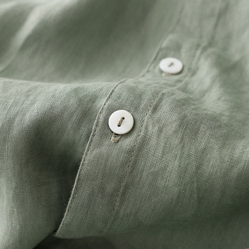 Sukienka midi damska z bawełny i lnu "Buddha Stones" z prostym, prostym zapięciem na guziki, falbaną przy dekolcie i krótkim rękawem - image 3