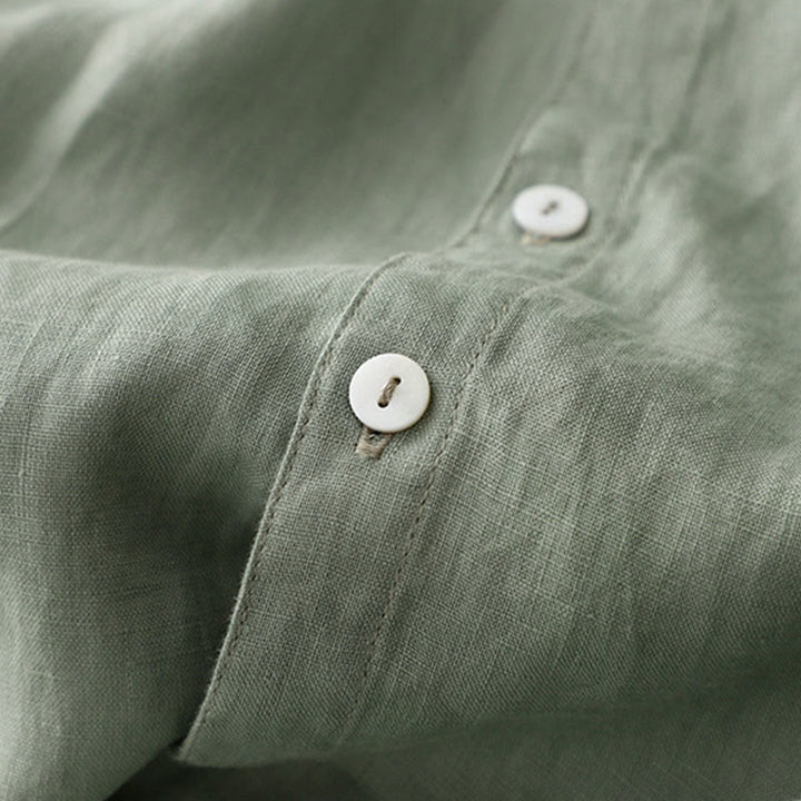 Sukienka midi damska z bawełny i lnu "Buddha Stones" z prostym, prostym zapięciem na guziki, falbaną przy dekolcie i krótkim rękawem - image 3