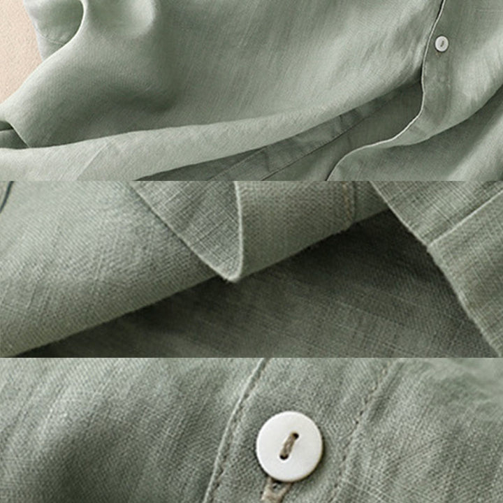 Sukienka midi damska z bawełny i lnu "Buddha Stones" z prostym, prostym zapięciem na guziki, falbaną przy dekolcie i krótkim rękawem - image 9