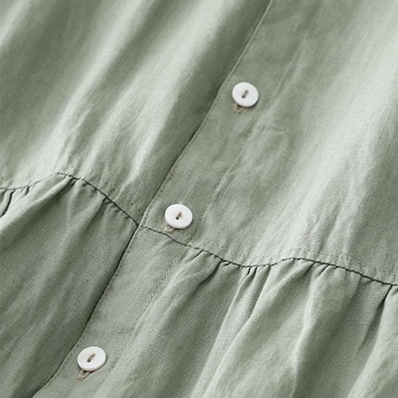 Sukienka midi damska z bawełny i lnu "Buddha Stones" z prostym, prostym zapięciem na guziki, falbaną przy dekolcie i krótkim rękawem - image 4