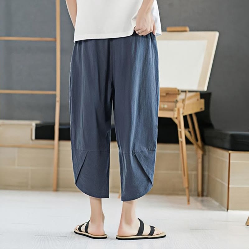 Buddha Stones Letnie Męskie Jednokolorowe Spodnie Bawełniane Lniane Ściągane Sznurkiem Z Kieszeniami O Długości 7-8